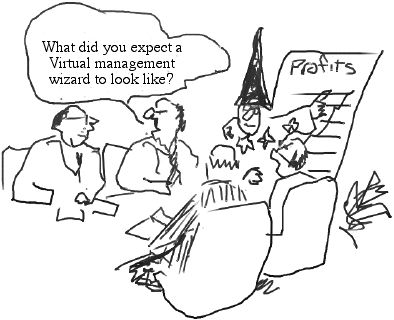 Cartoon of wizard advising business managers